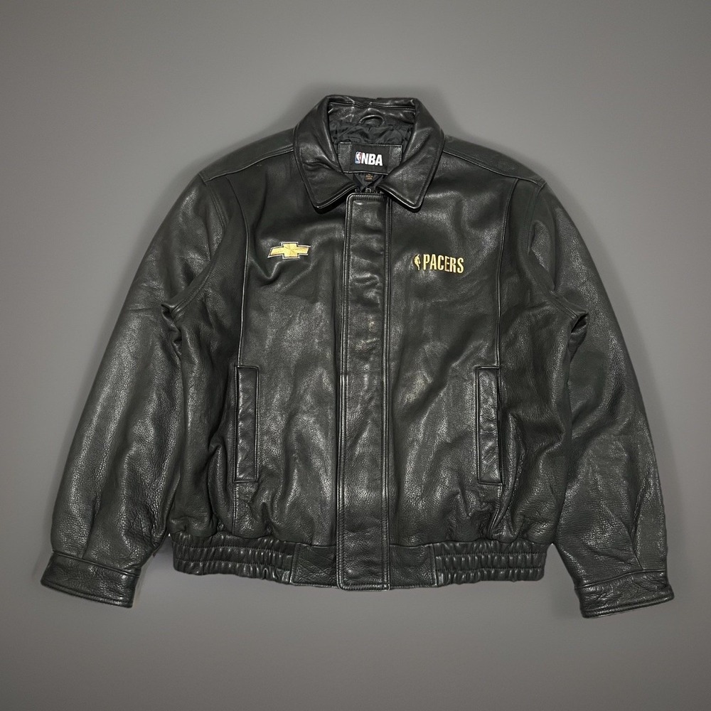 Mens Indiana Pacers Chevy Black Cowhide Leather Full Zip Snap Heavy Jacket XL